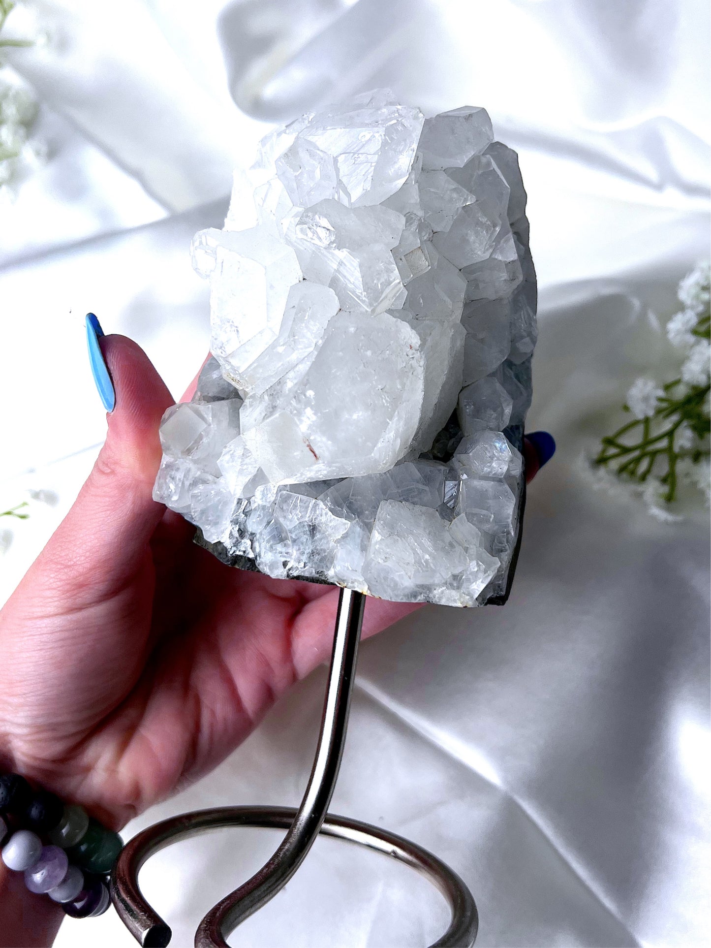 Apophyllite Specimen on Silver Stand
